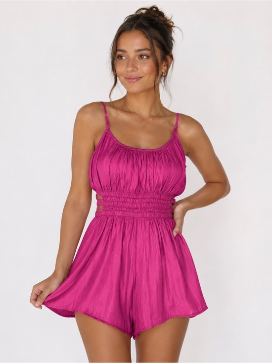 Stillettos Pants - Sleeveless Cutout Romper in Bright Fuchsia Pink
